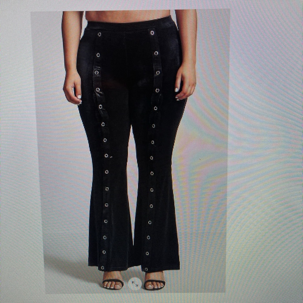 Snap button Flared black velvet pants size Plus OX